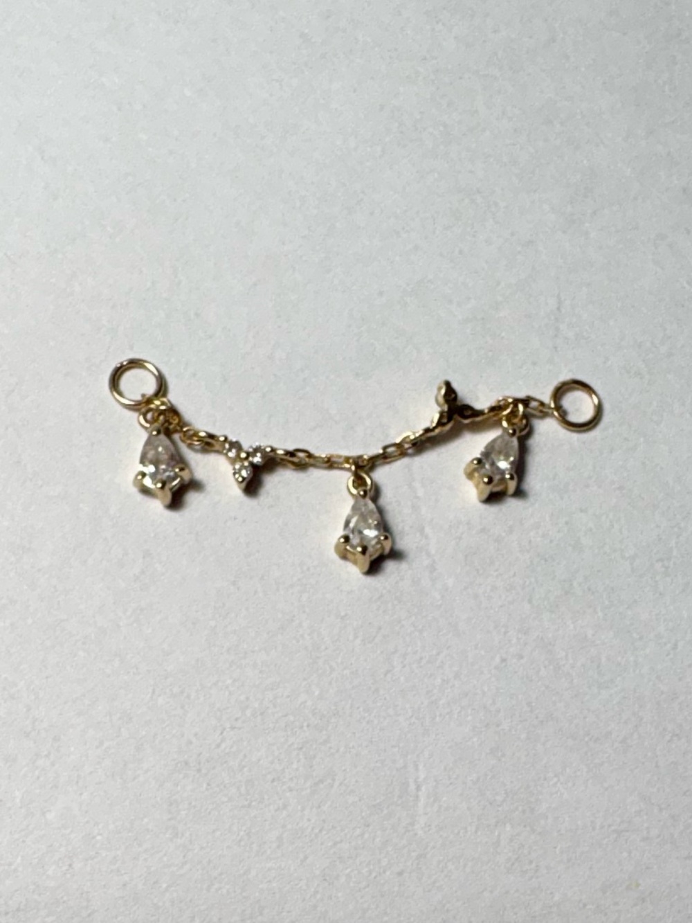 14K Solid Gold Clear CZ Teardrop Dangle Chain - Picture 3 of 3
